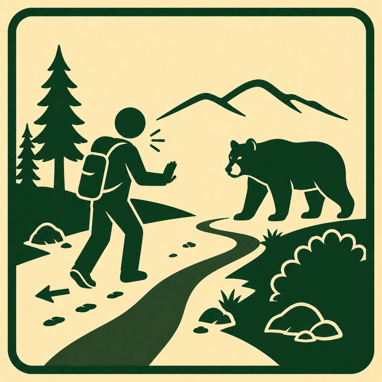 Hiker calmly backing away while facing a black bear
