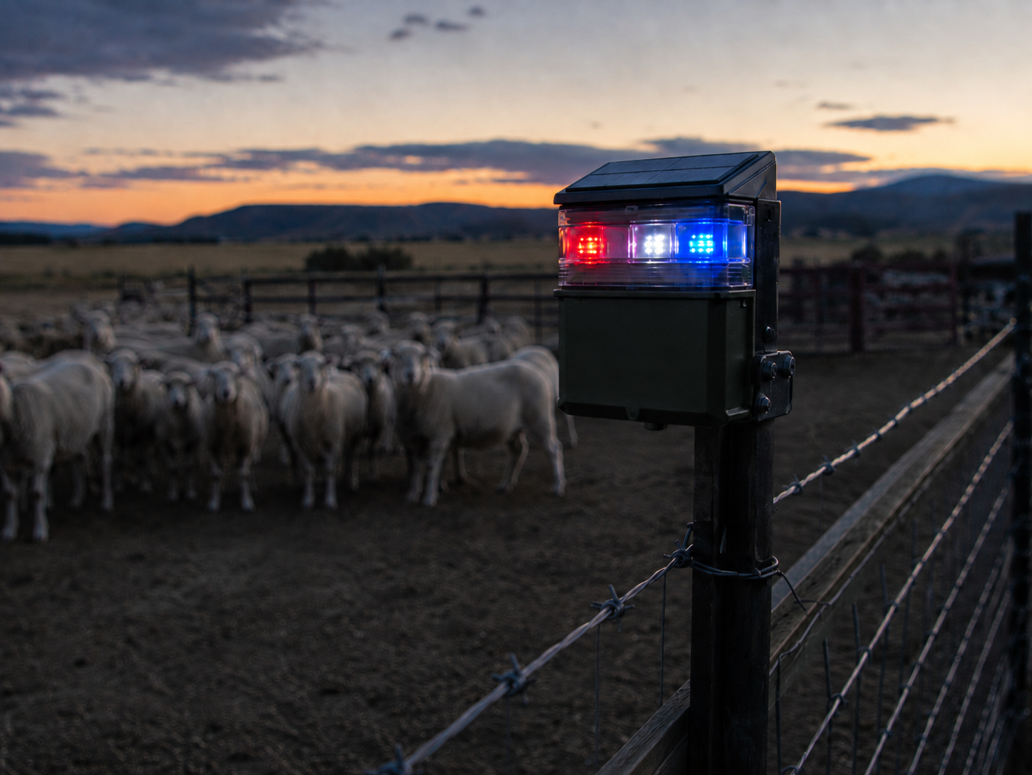 Motion-activated predator deterrent light near livestock fencing