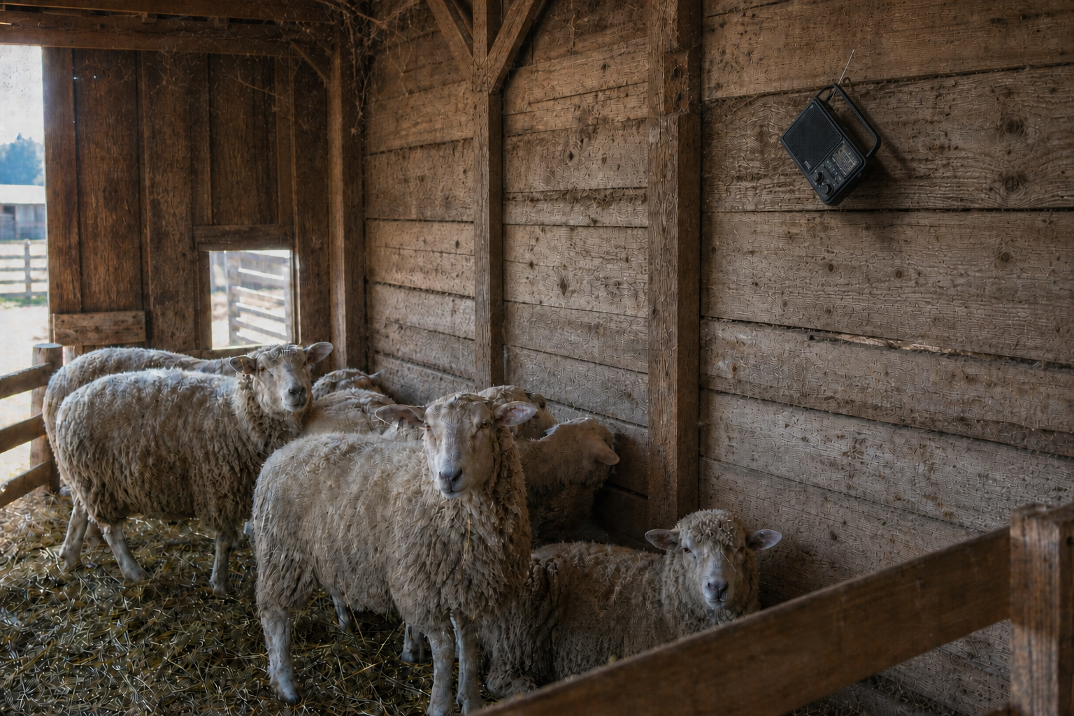 Sheep inside an older barn with a portable radio hanging high on the wall as a sound deterrent